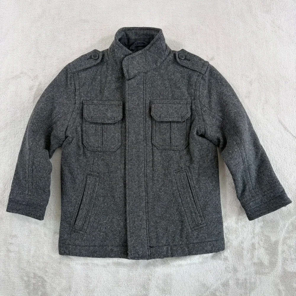 GAP Kids Military Quilt Lined Coat Jacket‎ Grey Lambs Wool Blend Boys Small